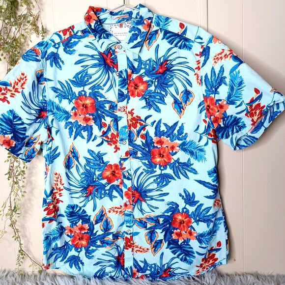 Denim & Flower Short-Sleeve Button-Up Shirt Blue Tropical Summer Slim Fit XL - Picture 1 of 6